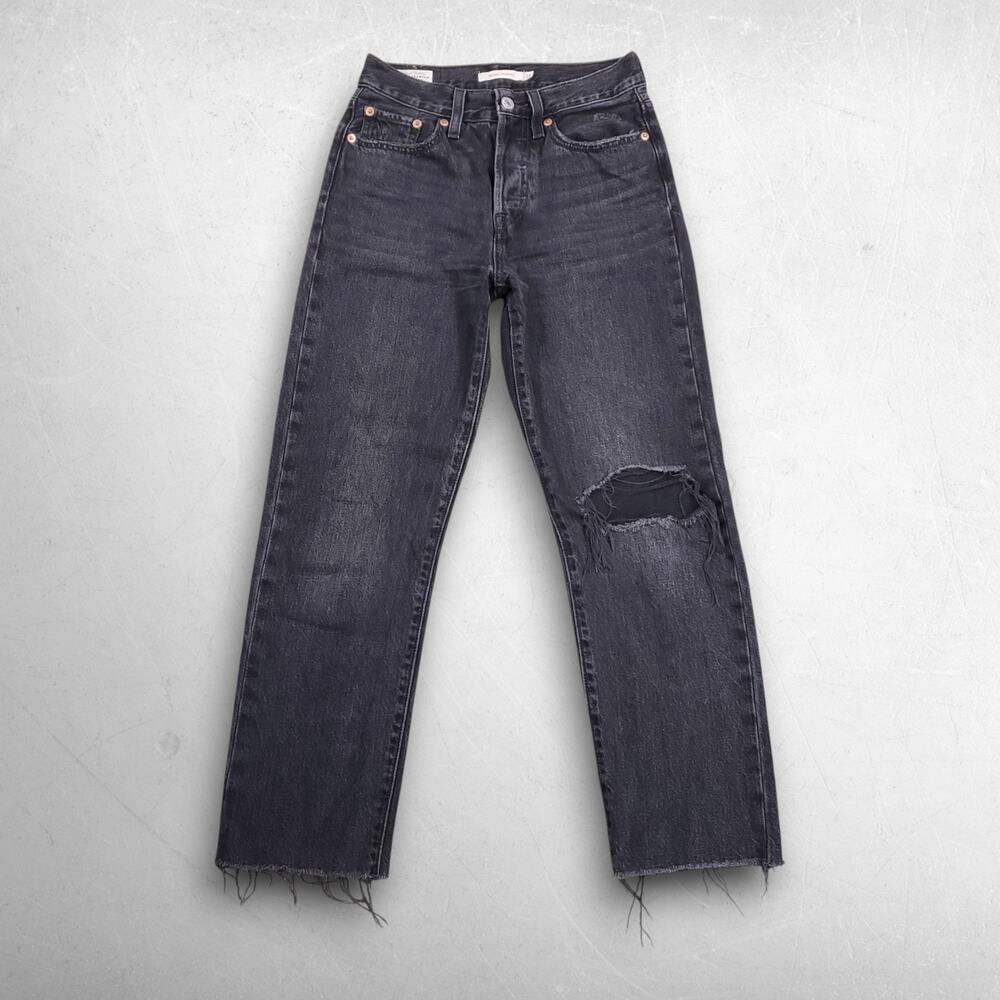 Levis Premium Wedgie Straight Jeans Women 24 Black Distressed Button Fly 90s Y2K